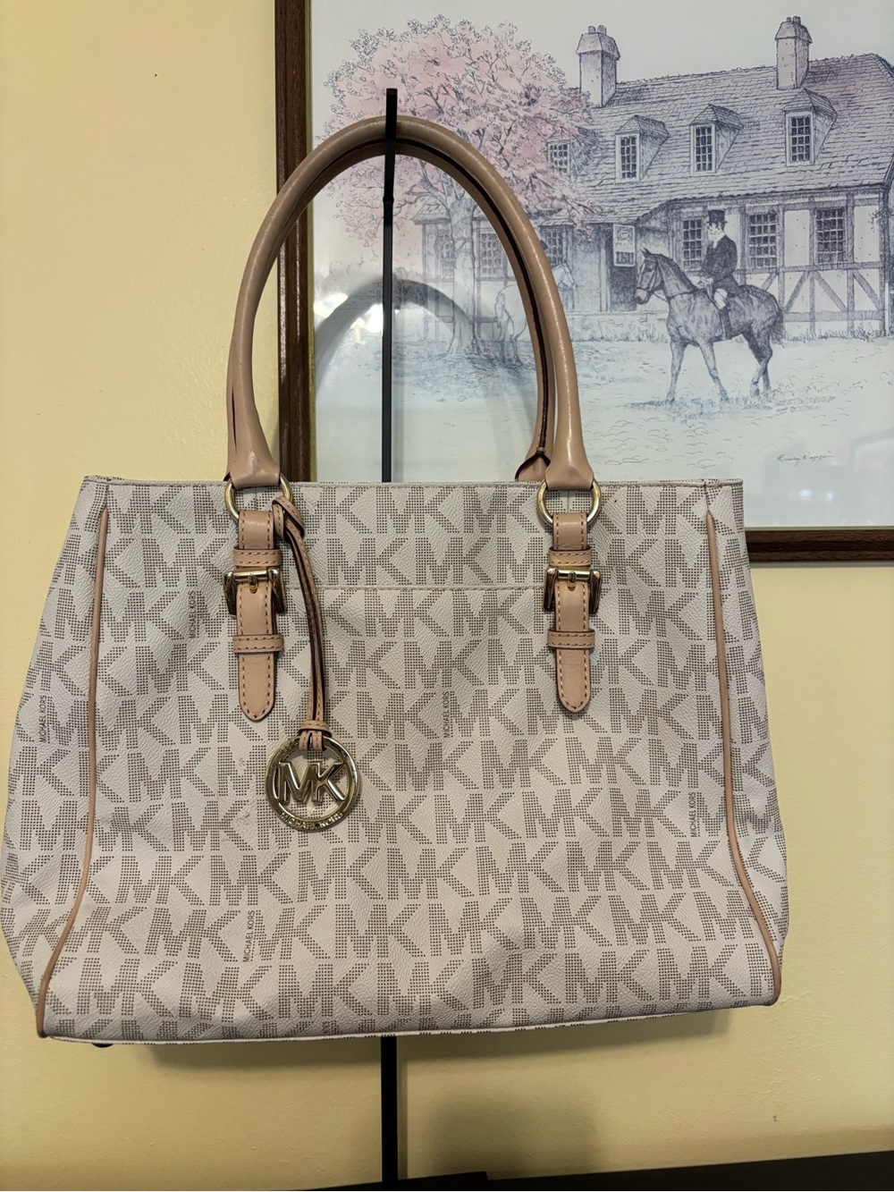 Michael Kors Beige Cream Logo Tote with Tan Trim